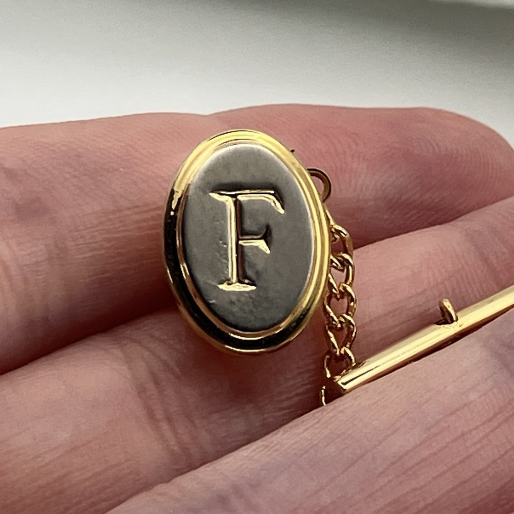 Vtg Initial F Tie Tack Monogram Oval Two Tone Estate Old Money Classic Pin